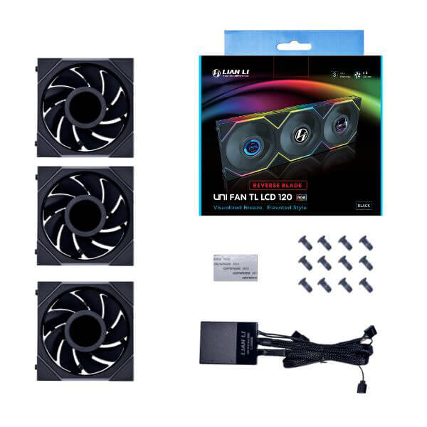 Lian Li UNI Fan TL LCD RGB 120mm Reverse Blade Cabinet Fan, Triple Pack